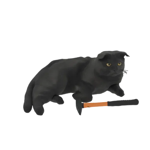 3D model of a black cat with yellow eyes playfully holding a hammer.