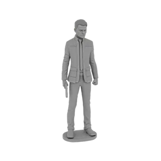 Un modèle 3D d'un agent masculin de science-fiction en costume gris, tenant un pistolet dans sa main droite, debout sur une b