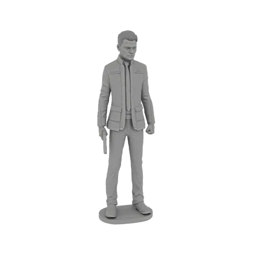Un modello 3D di un agente sci-fi maschile in abito grigio, che tiene una pistola nella mano destra, in piedi su una base.