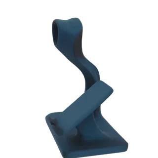 A dark blue, ergonomic 3D model of a desk stand designed to hold a smartphone or tablet.