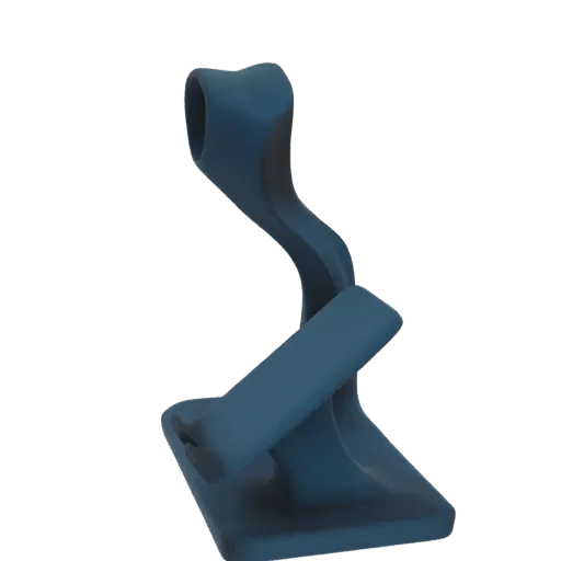 A dark blue, ergonomic 3D model of a desk stand designed to hold a smartphone or tablet.