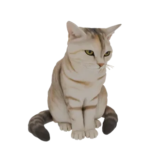 Ein 3D-Modell einer sitzenden Tabby-Katze mit um den Körper geschlungenem Schwanz, die leicht zur Seite blickt.