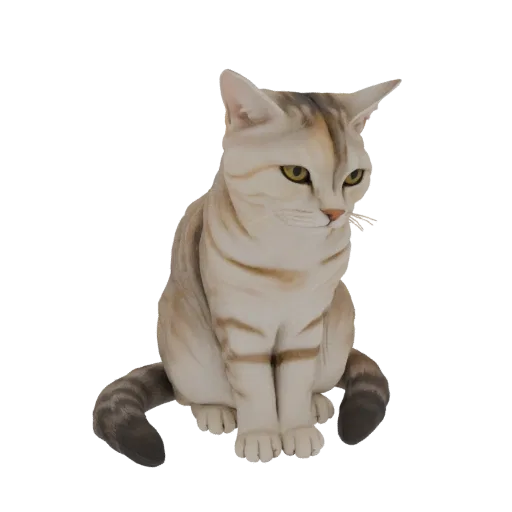 A 3D model of a tabby cat sitting with its tail curled around its body, looking slightly to the side.