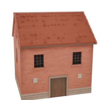 Render 3D de um edifício de quartel medieval de tijolo vermelho com telhado inclinado de telhas e porta central de madeira.
