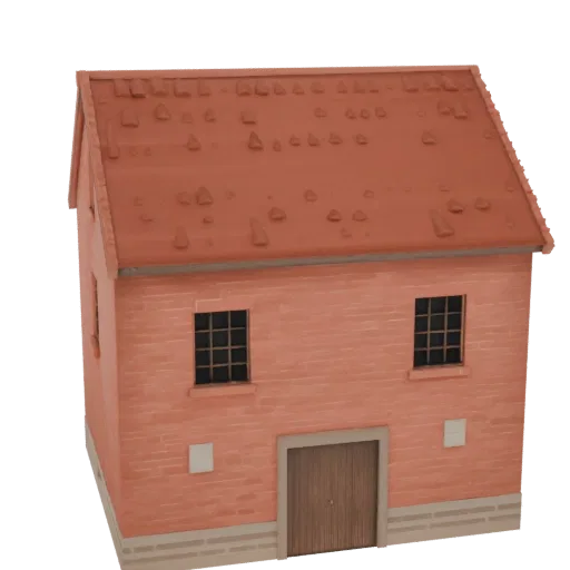Rendu 3D d'une caserne médiévale en brique rouge avec un toit en tuiles pentu et une porte centrale en bois.