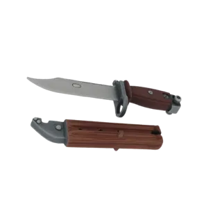 Modelo 3D de uma baioneta AKM com empunhadura texturizada em madeira, mostrada separada de sua bainha texturizada em madeira.