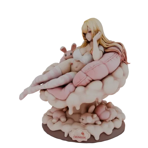 3D model of a blonde anime-style girl in a relaxed pose, holding a pink bunny pillow, surrounded by fluffy clouds and small b