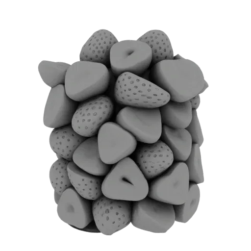 Uma renderização 3D de uma pilha densa de morangos cinzas, sem textura, alguns inteiros e outros fatiados ao meio.
