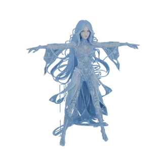 Modelo 3D de una Hechicera de Hielo Etérea con piel y túnicas azul translúcido, brazos extendidos, sobre un fondo blanco.