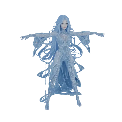 Modelo 3D de uma Feiticeira de Gelo Etérea com pele e vestes azul translúcido, braços estendidos, contra um fundo branco.