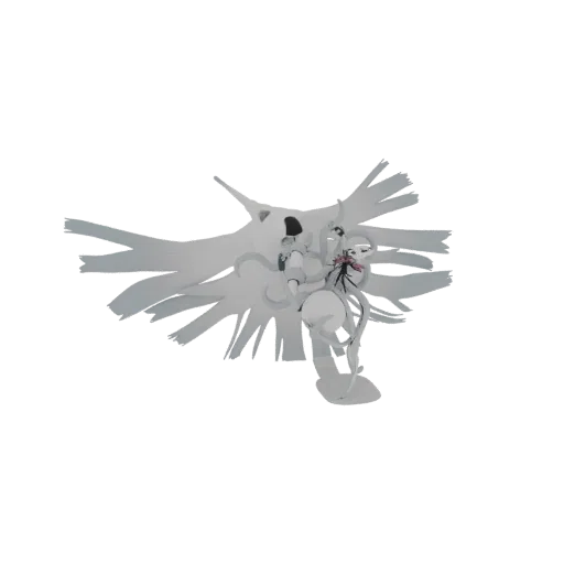 Modello 3D di una figura guardiana eterea con flora spettrale fluente e un fiore rosa, reso in bianco e grigio.