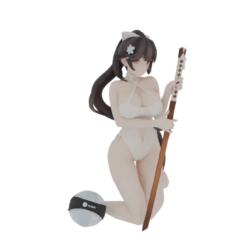 3D model of a kneeling anime girl in a white swimsuit, holding a decorative wooden staff, with dark hair and a serene expression.