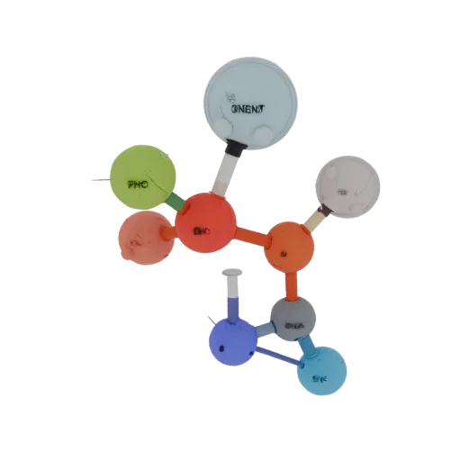Conjunto de Moléculas de Cristal Modelo 3D Educacional, renderização de treinamento em três quartos, mostrando esferas colori