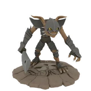 Modelo 3D de um ameaçador Guerreiro Goblin com armadura segmentada e um facão, em pé sobre uma base rochosa.