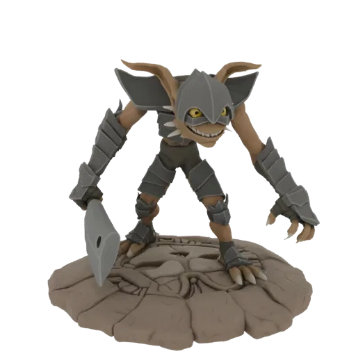 Modèle 3D d'un Gobelin Guerrier menaçant avec armure segmentée et hachette, debout sur une base rocheuse.