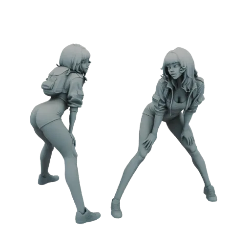 3D model of a young woman in streetwear, wearing a jacket, shorts, and sneakers, posed dynamically.