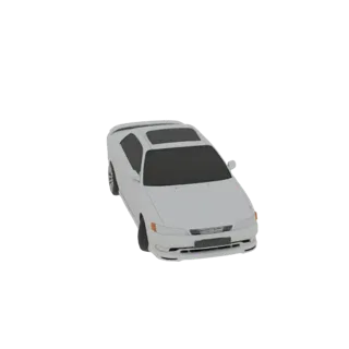 Una renderización 3D de un sedán blanco con techo solar negro, vista desde un ángulo ligeramente elevado.