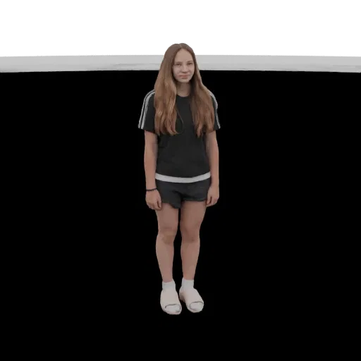 3D model of a young woman with long brown hair, wearing a black t-shirt and shorts, standing and looking forward.