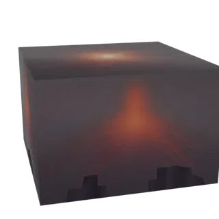 3D-Modell eines Würfel-Dioramas mit einem Vulkanausbruch, das glühende Lava und dunkles Felsgelände zeigt.