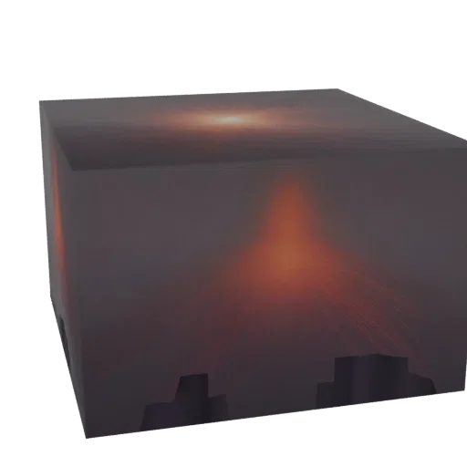 3D model of a cube diorama with a volcanic eruption, showing glowing lava and dark rocky terrain.