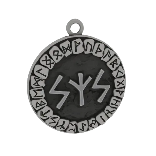 3D model of a circular pendant with Elder Futhark runes around the edge and a central symbol, rendered with a metallic finish