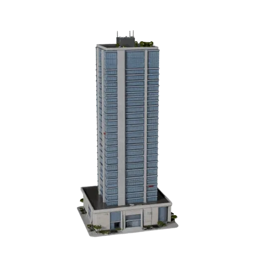 Office Tower stylized 3D model, isometric stylized game environment view, showing commercial office building materials and ar