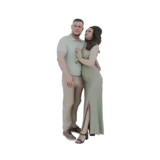 3D model of a romantic couple embracing, both dressed in sage green attire, with the man in a polo shirt and the woman in a g