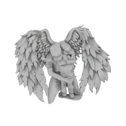 3D model of a grey stone statue of an angel with large feathered wings, tenderly embracing a child.