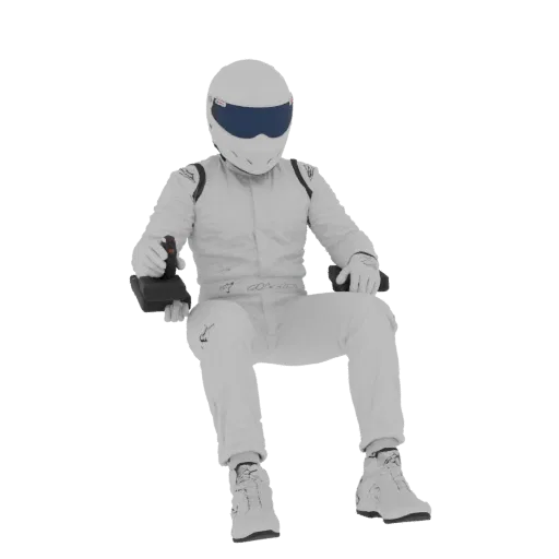 3D model of a racing driver in a white suit, seated and holding a joystick, with a white helmet and dark visor.