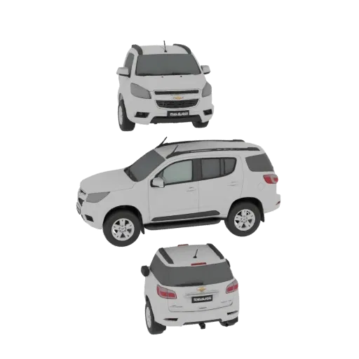3D-Modell-Rendering eines weißen Chevrolet Trailblazer SUV, von vorne, seitlich und von hinten vor weißem Hintergrund gezeigt