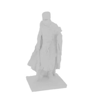 Rendu 3D d'un chevalier médiéval en armure complète, portant une cape flottante et tenant un bouclier, debout sur un socle.