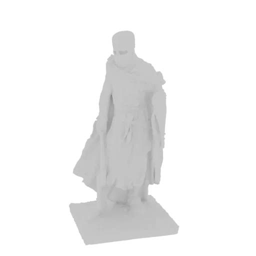 3D model render of a medieval knight in full armor, wearing a flowing cape and holding a shield, standing on a base.