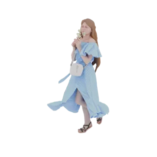 3D-Modell einer Frau mit langen braunen Haaren, die ein blaues Polka-Dot-Kleid trägt und Blumen hält.