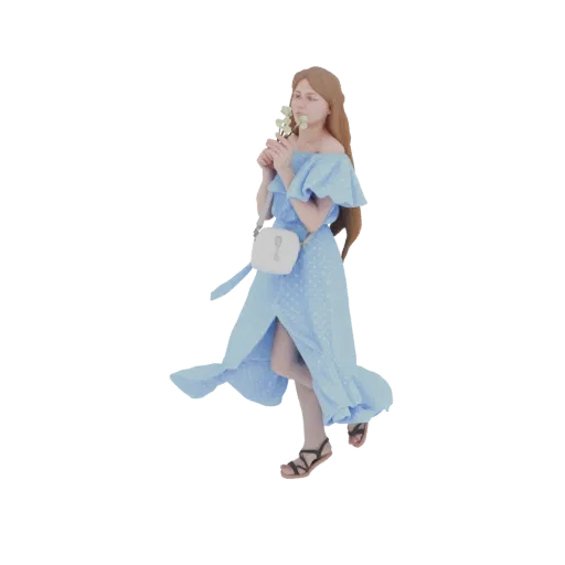 Modello 3D di donna con lunghi capelli castani, abito blu a pois e fiori.