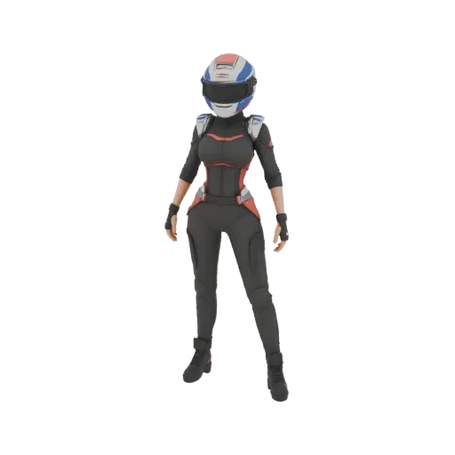 Modelo 3D de garota de corrida em traje preto com detalhes vermelhos e capacete branco com viseira azul