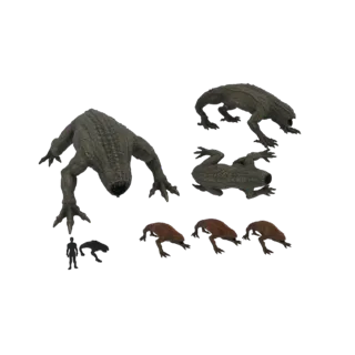 Renderização 3D de uma coleção de criaturas reptilianas de vários tamanhos, incluindo uma figura central grande e variantes m