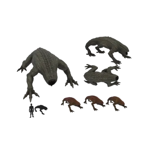 3D-Render einer Sammlung reptiloider Kreaturen unterschiedlicher Größe, einschließlich einer großen zentralen Figur und klein
