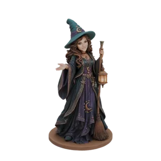 3D model of a mystical witch with long brown hair, wearing a teal witch hat and a dark green and purple dress, holding a lant