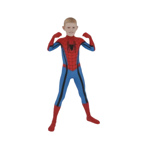 3D-Modell eines Jungen im Spider-Man-Kostüm, der seine Arme in heroischer Pose vor weißem Hintergrund anwinkelt.