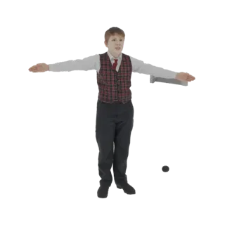 Modello 3D di un giovane cameriere in uniforme, braccia tese che tengono un vassoio bianco, su sfondo bianco.