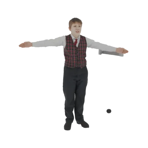 3D-Modell eines jungen männlichen Kellners in Uniform, Arme ausgestreckt, ein weißes Tablett haltend, vor weißem Hintergrund.