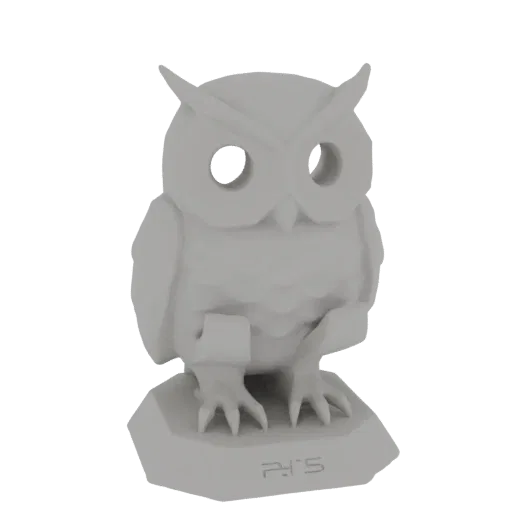 A 3D render of a stylized gray owl figurine with geometric features, perched on a base with a PS5 logo.