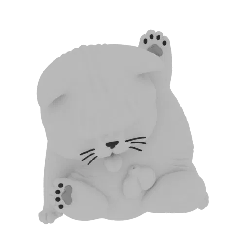 A 3D render of a cute, light gray cat sitting with its tongue sticking out and one paw raised.