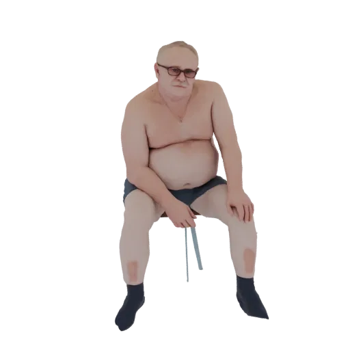 Modello 3D di un uomo anziano con occhiali, seduto, con texture della pelle realistica e pantaloncini blu scuro.