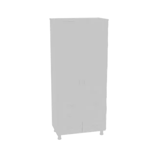 3D model of a modern gray two-door wardrobe with four drawers and cylindrical feet, shown against a white background.