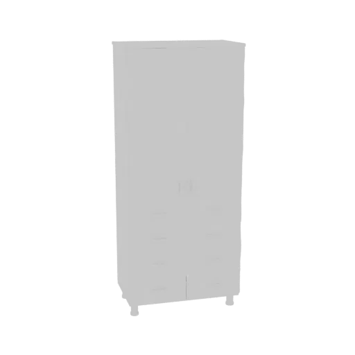 3D model of a modern gray two-door wardrobe with four drawers and cylindrical feet, shown against a white background.