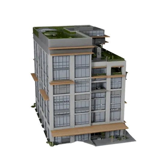 Modèle 3D de bâtiment de bureau durable prêt pour Unreal Engine, vue de l'Unreal Engine, montrant les matériaux du bâtiment d