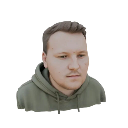 Modelo 3D de um jovem com cabelo castanho curto vestindo um moletom verde, olhando para baixo com expressão neutra.