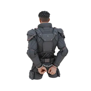 Modelo 3D policial cyberpunk em traje tático preto, mãos algemadas atrás das costas, vista traseira