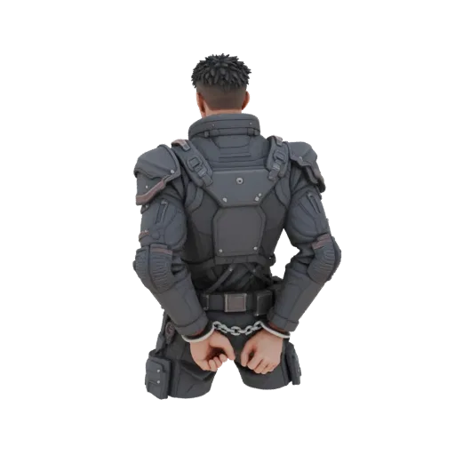 Modelo 3D policial cyberpunk em traje tático preto, mãos algemadas atrás das costas, vista traseira